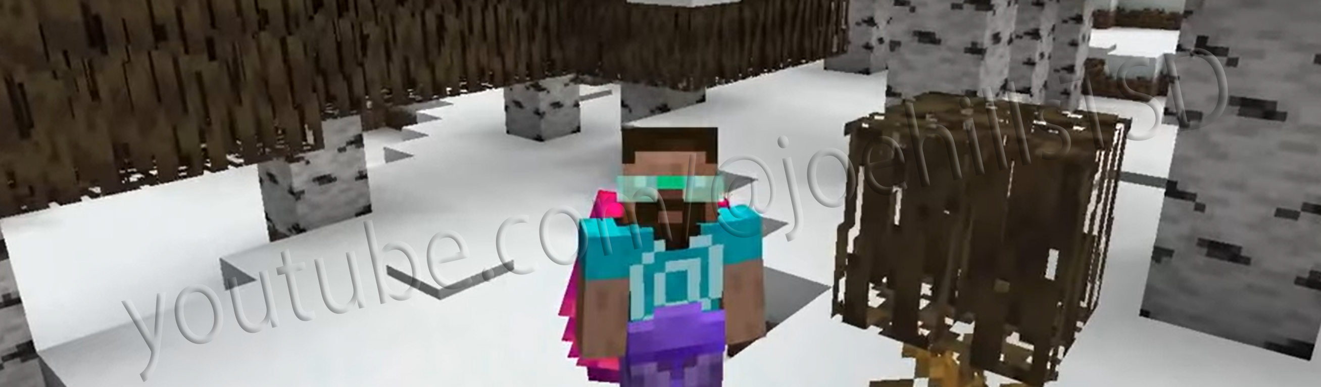 Watermarked and cropped version of Joe Hills amid the snow-covered, custom mangrove and birch trees of his season 9 Hermitcraft build, Elvira's House of Winters, prompting the audience for poetry titled 'Untrodden Snow'